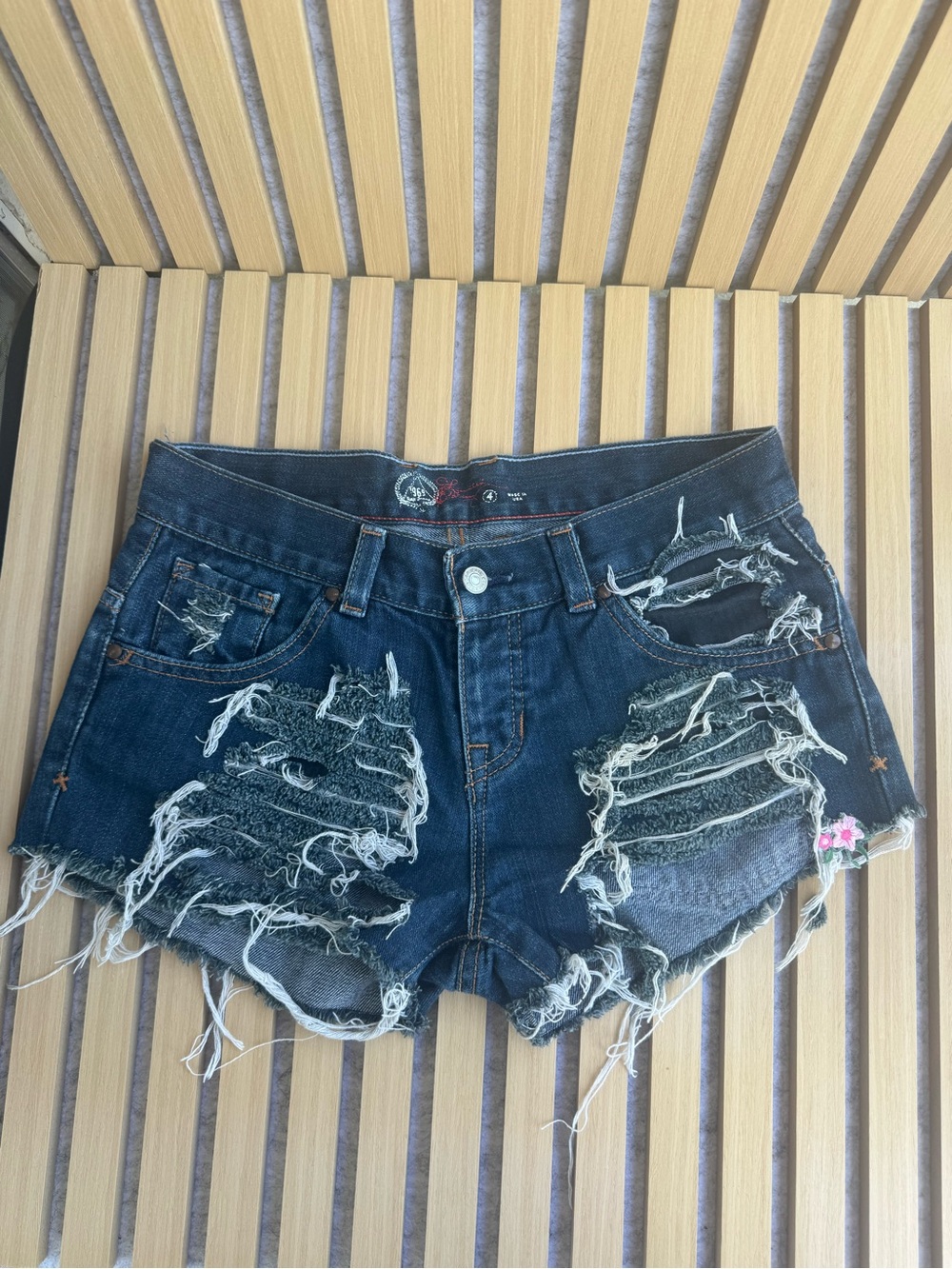 GAP Dark Blue Distressed Denim Cutoff Shorts with Pink Floral Accent